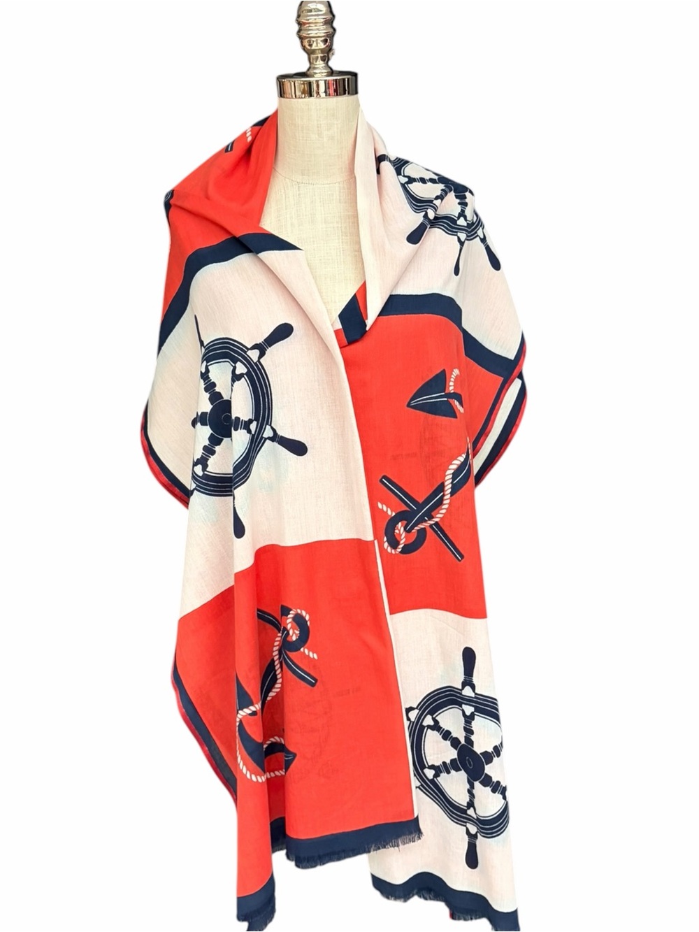 J.Crew Oversized Nautical Cotton Scarf Anchor Compass Red Navy 80” x 20”